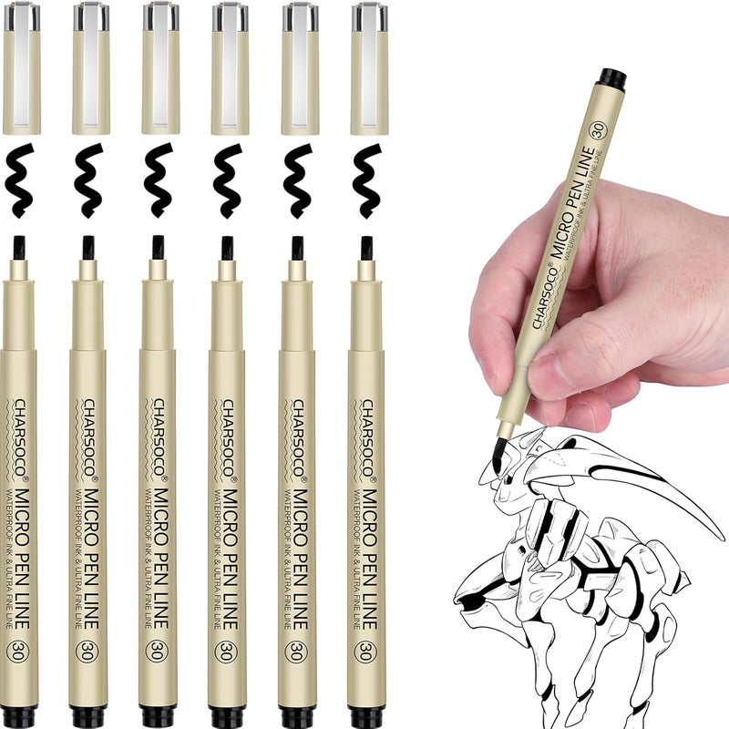 CHARSOCO 30 Micro Pen, 6 Pack Black Fine Point Pen with Waterproof Archival Ink, 3mm Fineliner Ink Pens for Artist Illustration, Sketching, Anime, Manga, Technical Drawing and Scrapbooking - Image 1